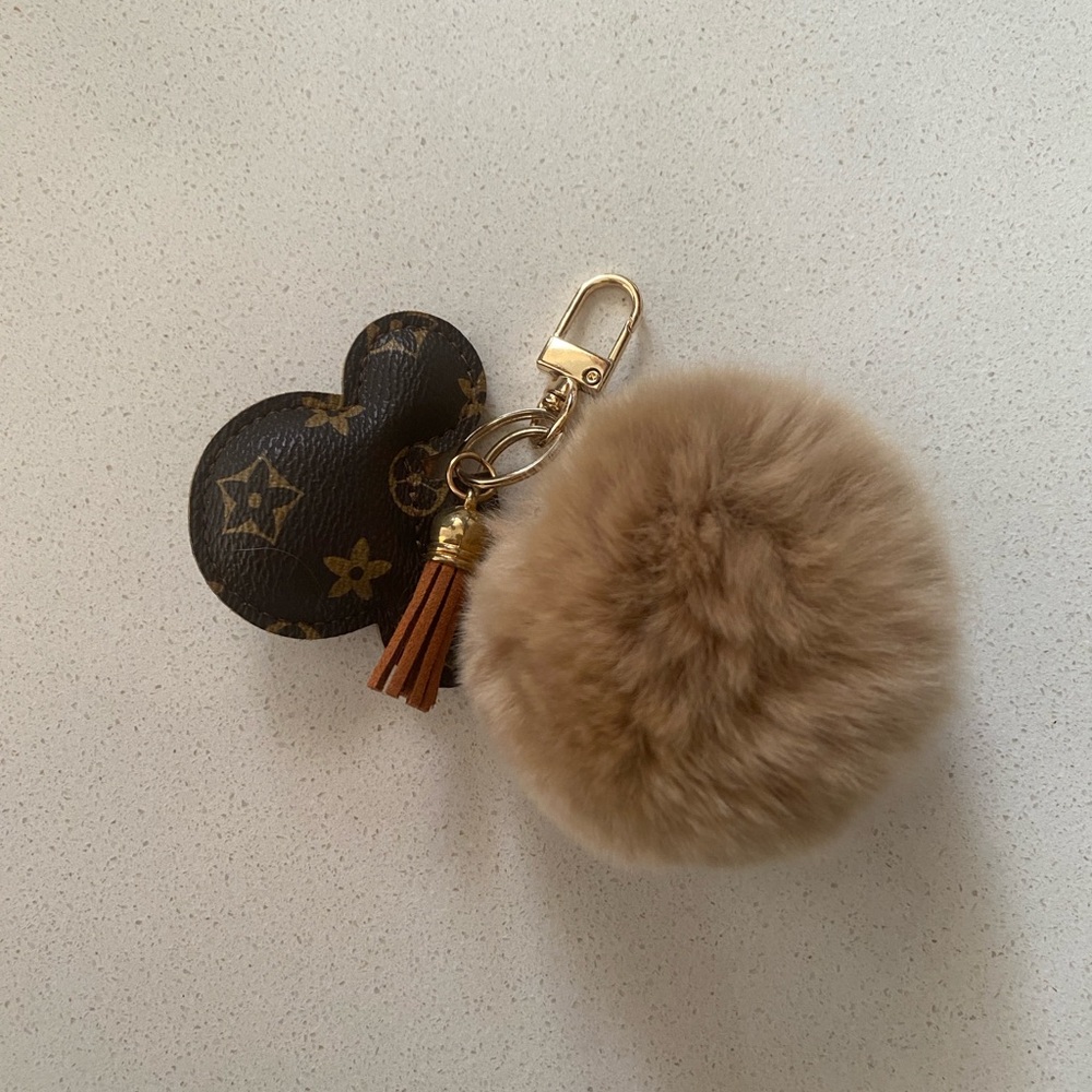 Brown Pom Pom Keychain with Gold Clip